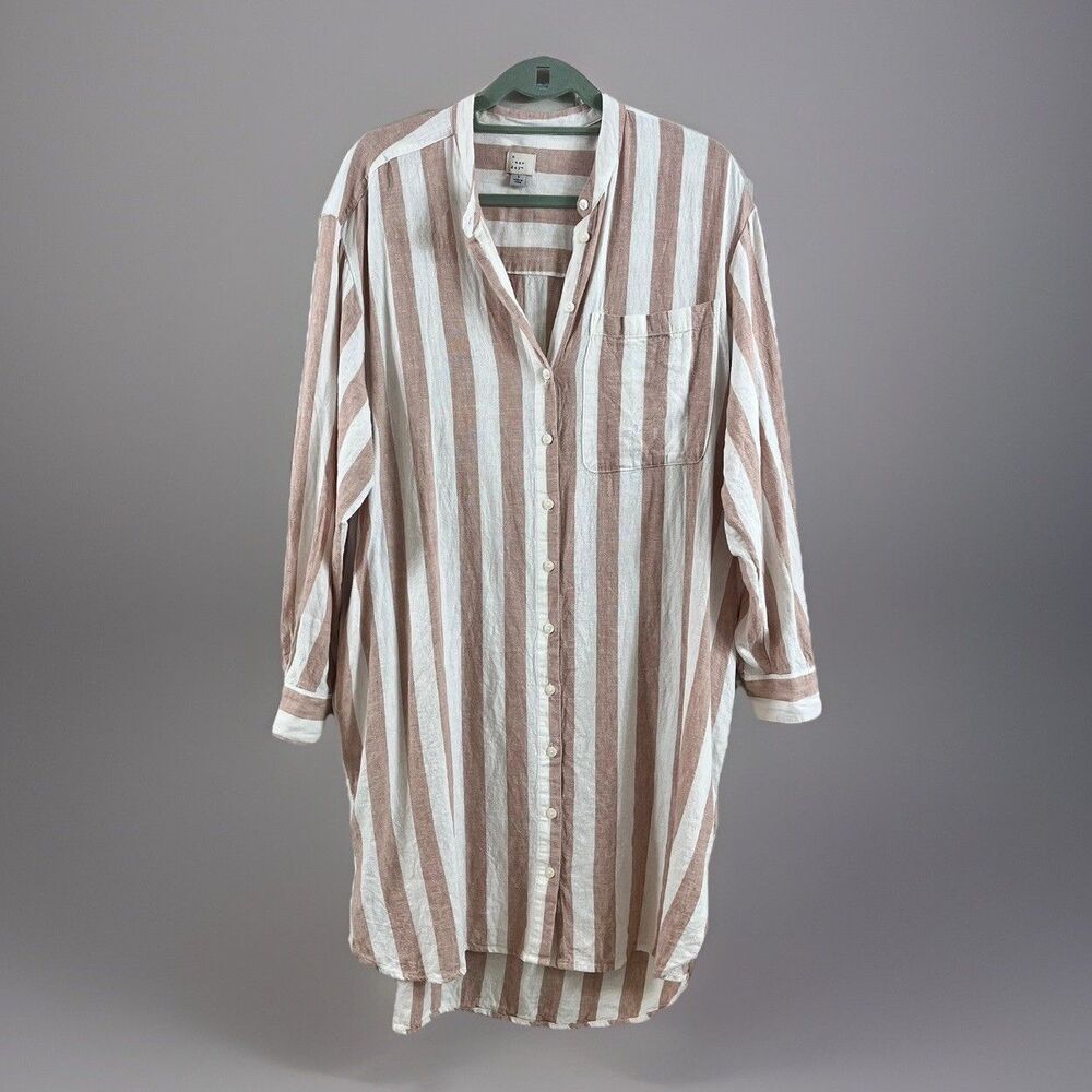 A New Day Linen Shirt Dress Sz L Long Slv Knee Length White Cocoa Stripe Classic